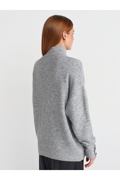 Dilvin 10700 Stand Collar Buttoned Sweater-Gray