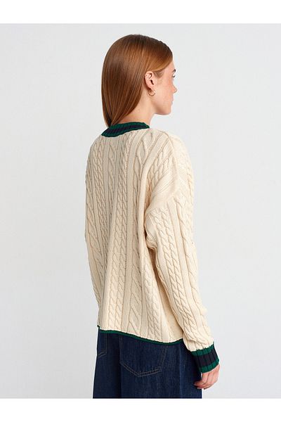 Dilvin 60950 V-Neck Striped Buttoned Pocket Knitwear Cardigan-Ecru-Green