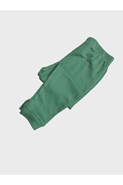 elmas kids Erkek Çocuk Pamuklu Fitilli Kumaş Yeşil Basic Yakası Düğmeli Uzun Kollu Pijama Takımı