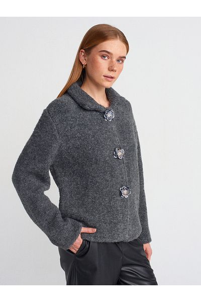 Dilvin 60932 Polo Neck Flower Snap Tricot Cardigan-Smoked