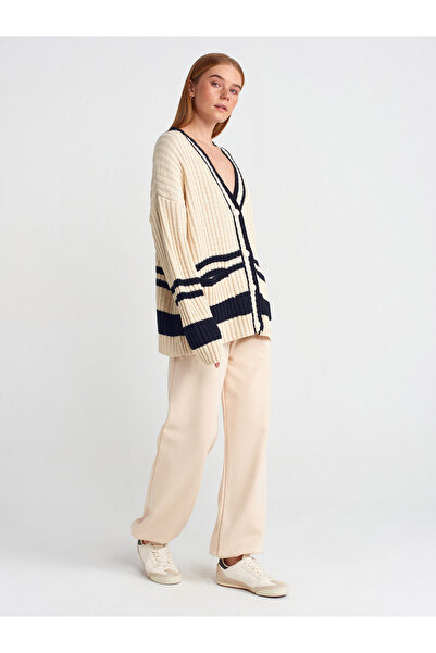 Dilvin 60951 V-Neck Striped Knitwear Cardigan - Button and Pocket, Ecru-L.