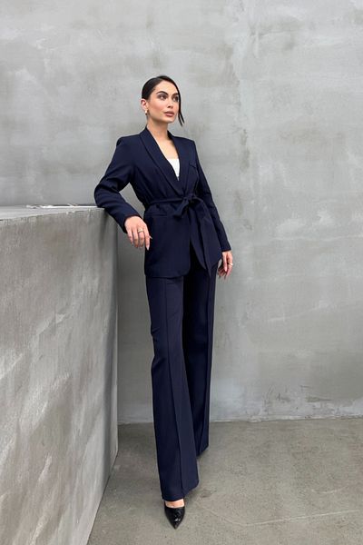 msm fashion Women's Double Belted Blazer Jacket Pants Set