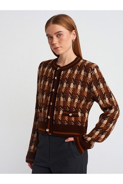 Dilvin 60272 Crew Neck Button Plaid Knitwear Cardigan-Brown