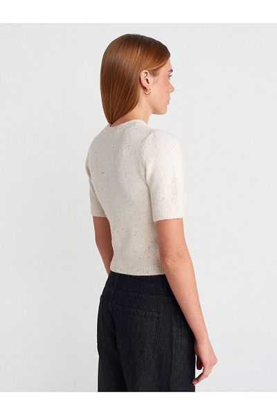 Dilvin 10703 Crew Neck Sequin Glitter Knitwear Sweater-Cream