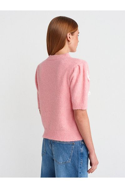 Dilvin 10673 Crew Neck Bow Detail Short Sleeve Knitwear Sweater-Pink