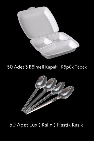 Özkan Ambalaj Temizlik 50 Pieces Luxury Plastic Foam Plate - 3 Compartment Lid, Transparent Spoon Mevlüd Set
