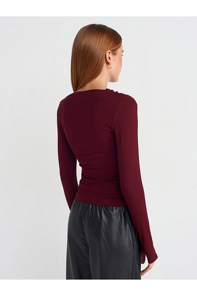 Dilvin 31530 Asymmetrical Collar Long Sleeve Top-Burgundy