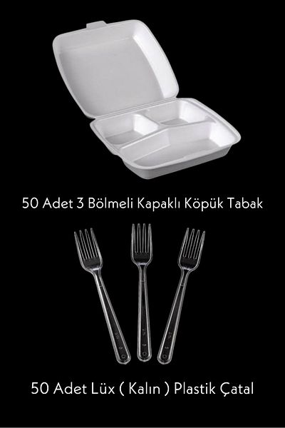 Özkan Ambalaj Temizlik 50 Pieces of 3 Compartment Foam Plates with Lid - 50 Pieces of Luxury (Thick) Plastic Forks