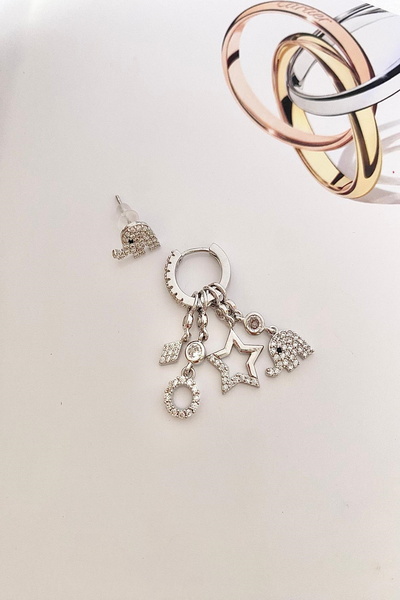 DEMOKAN Kadın Küpe İthal Zirkon Sallantılı Fil Yıldız Model Kararmaz Küpe