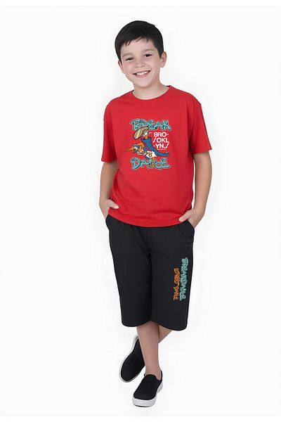 YA KO KİDS Break Dance Printed Boy's Short Sleeve Capri Bottom-Top Suit