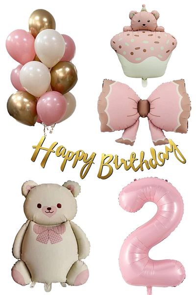 Patladı Gitti Retro 2 Year Old Teddy Bear Themed Baby Girl Concept Birthday Set