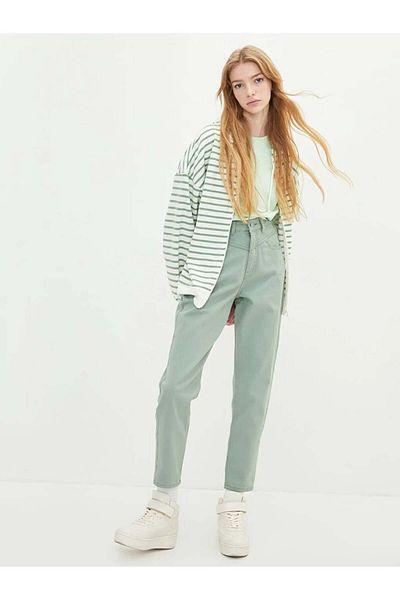 LC Waikiki Lcw Jeans Green High Waist Mom Fit Straight Pocket Detailed Women's Jean Pants