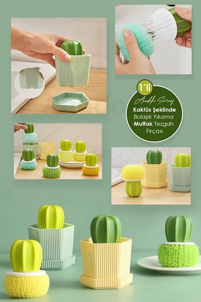 Anadolu Saray Practical Cactus Potted Shaped Dish Washing and Sink Cleaning Scrubbing Countertop Brush - 1 Pcs
