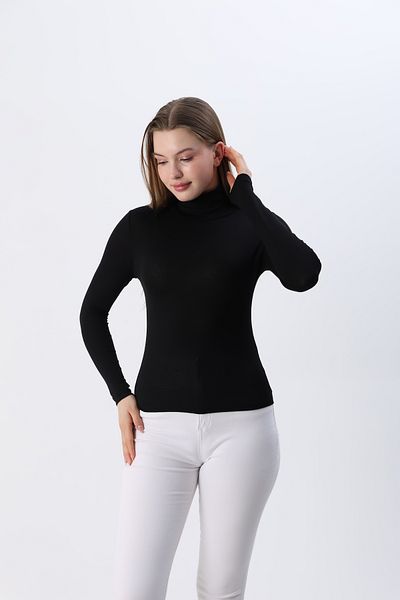 ziend fashion Bluză de damă neagră New Season cu gât întreg din bumbac pieptănat