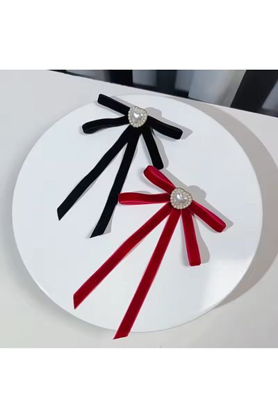 LO ADORO Custom Made Red Velvet Tie - Bow Detail, Brooch Thin Ribbon