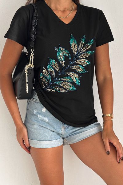 FEMELLE Tricou negru pentru femei, cu decolteu în V, cu model de frunze, cu paiete brodate, 100% bumbac