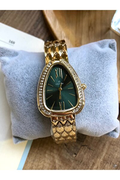 Coliseum Gold Green Stone Detailed Triangle Design Women's Wristwatch
