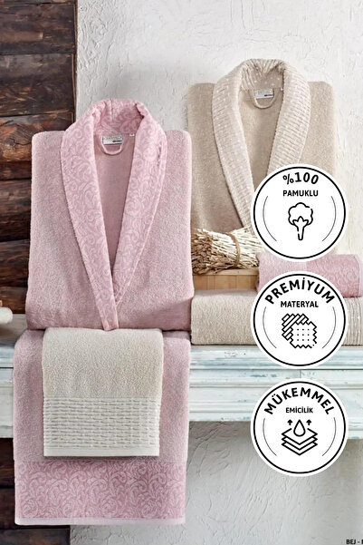 Taç Kristal Dream Jakarlı 6 Parça Aile Bornoz Takımı - Bej - Pudra