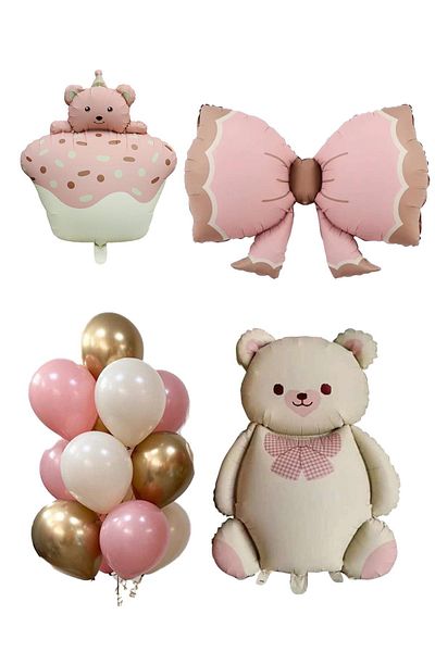 Patladı Gitti مجموعة احتفالات للفتيات الصغيرات بتصميم الدب الرجعية من Baby Shower
