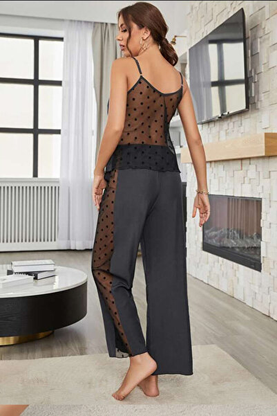 Rasabeauty Rasa Bambu Tül Detaylı Askılı Pijama Takımı Siyah