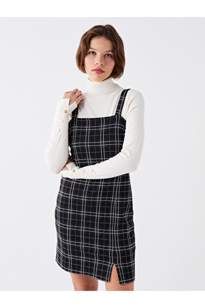 LC Waikiki Black Square Neck Plaid Strap Women's Salopet Dress