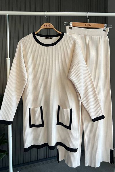 Bold Grup White Striped Knitwear Sweater - Ribbed Tunic and Pants Hijab Set