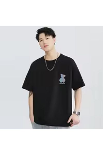 Boi Unisex Loose Fit Grey Tedy Bear Mini T-Shirt- Black and White Oversize Cotton Tee Shirt