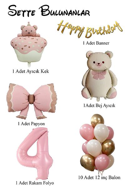Patladı Gitti Retro 4 Year Old Teddy Bear Themed Baby Girl Concept Birthday Set