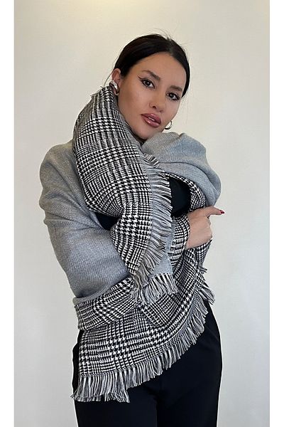 asalya Double-Sided Checked Pattern Thick Winter Wool Shoulder Shawl Scarf