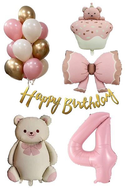 Patladı Gitti Retro 4 Year Old Teddy Bear Themed Baby Girl Concept Birthday Set