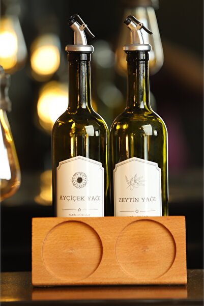 BÜYÜLÜ HOME Ahşap Stantlı Amber 2'li 750 ml Zeytinyağı Sıvıyağ Şişesi Yağdanl...