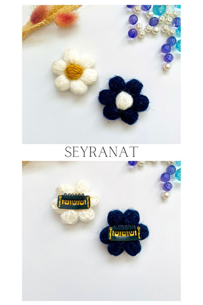 seyranat 2’li Beyaz Lacivet Simli Örgü Papatya Çıtçıt Klipsli Yenidoğan Saçsı...