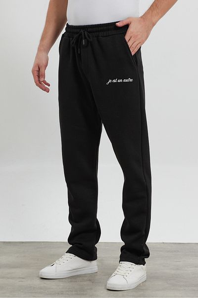 THE RULE Baggy 3 Thread Raster Printed Straight Leg Loose Cut Black Sweatpants for Men