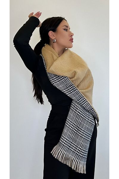 asalya Double-Sided Checked Pattern Thick Winter Wool Shoulder Shawl Scarf