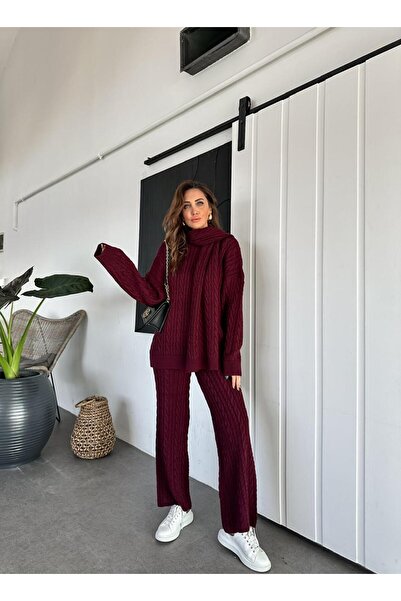 Zerrincan Giyim Σετ Κασκόλ με πλεκτά μαλλιά μπορντό