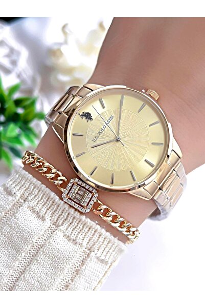 U.S. Polo Assn. طقم ساعة يد نسائية من U.S.POLO ASSN - سوار فولاذي، مقاوم للما...