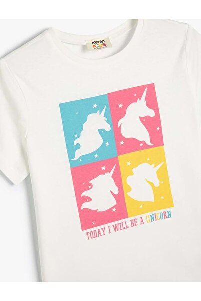 Koton Unicorn Patterned Cotton Girl's T-Shirt - Short Sleeve, Crew Neck 4SKG10581AK ECRU