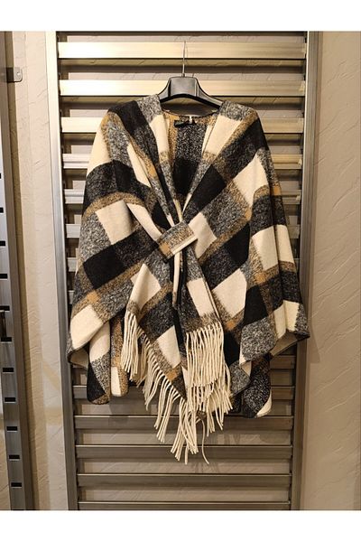 Butik Ayseba Park Moda Plaid Cashmere Italian Tufted Poncho
