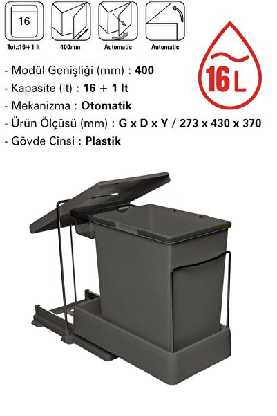 Genel Markalar Antrasit 16 1 Litre Teleskopik Raylı Çöp Kovası (P9153)