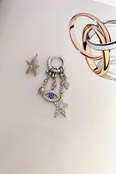 DEMOKAN Kadın Küpe İthal Zirkon Mavi Detay Göz Yıldız Model Kararmaz Küpe