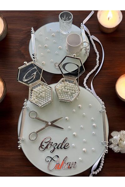 CyzHome Beloved Silver White and Pearl Engagement and Groom Tray - Coffee Cup Tray 1