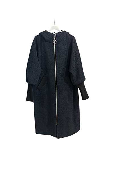 Puane Women's Hooded Zippered Angora Fabric Black Cap / Coat 15196