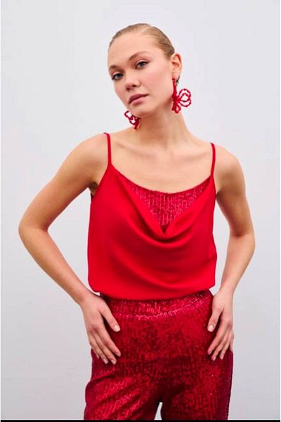 Sateen Degaje Collar Blouse - Red