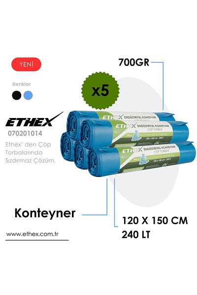 Ethex Industrial Container Size Garbage Bag (10 Pieces 700Gr 120 X 150cm 240Lt Blue 5 Rolls)