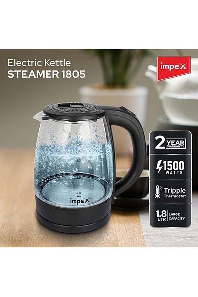 İMPEX Electric Glass Kettle, High Boron Glass, 360°C Rotatable Base, Triple Thermostat, 1.8 L 1500 W