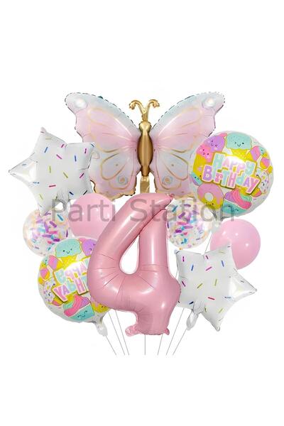 Parti Station Kelebek 4 Yaş Balon Set Gökkuşağı Kelebek Konsept Doğum Günü Ba...