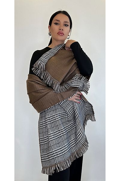 asalya Double-Sided Checked Pattern Thick Winter Wool Shoulder Shawl Scarf