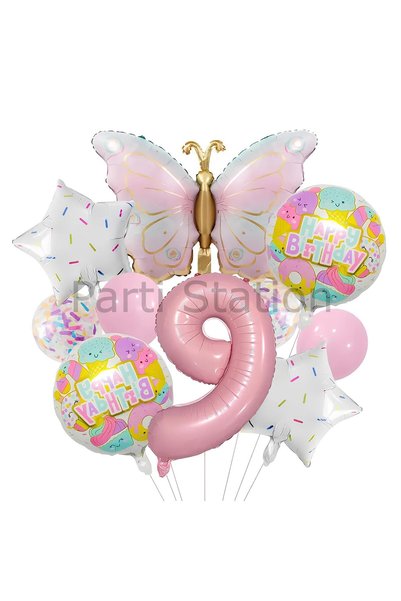 Parti Station Butterfly 9 Years Old Balloon Set Rainbow Butterfly Concept Bir...
