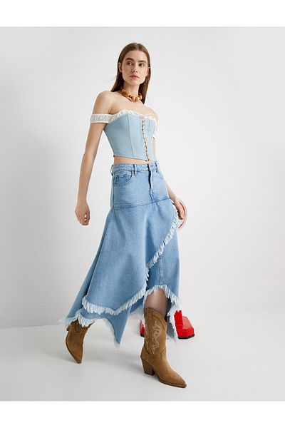 Koton Fusta midi asimetrică din denim, cu straturi, cu ciucuri, buzunare standard în talie