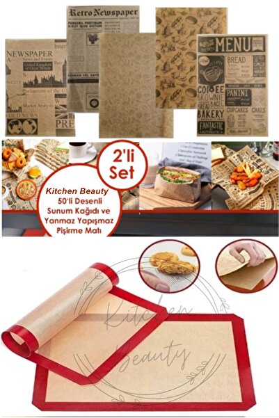Kitchen Beauty 2li Set Silikon Yanmaz Yapışmaz Pişirme Matı ve 50 Adet Desenl...